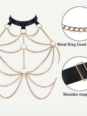 💛 Gold Chain Layered Body Harness Necklace with Black Straps 💛